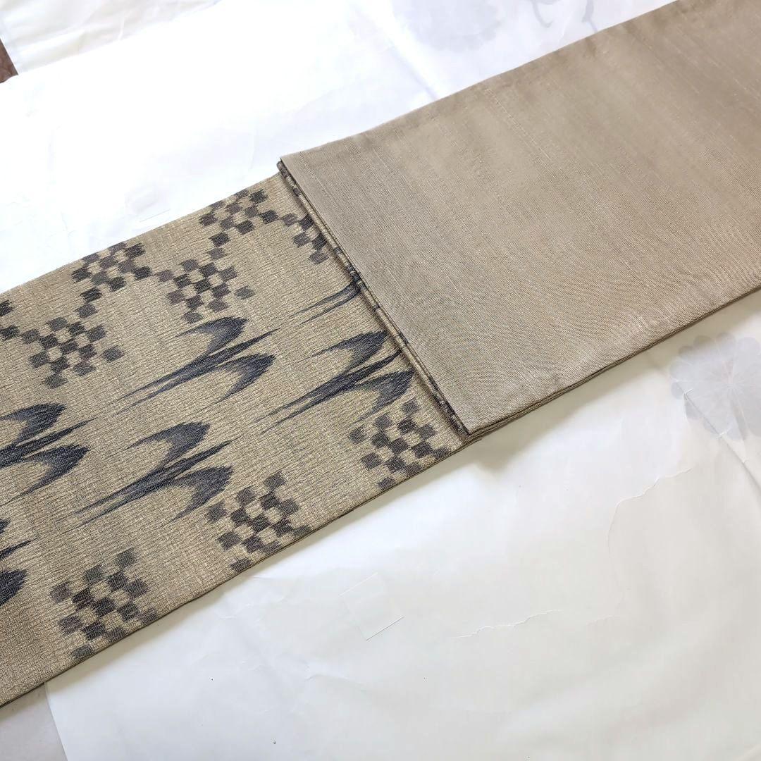 新品 未使用 正絹 袋帯 本場 琉球 つばめ 格子市松 櫛織り 通知使用 薄茶灰