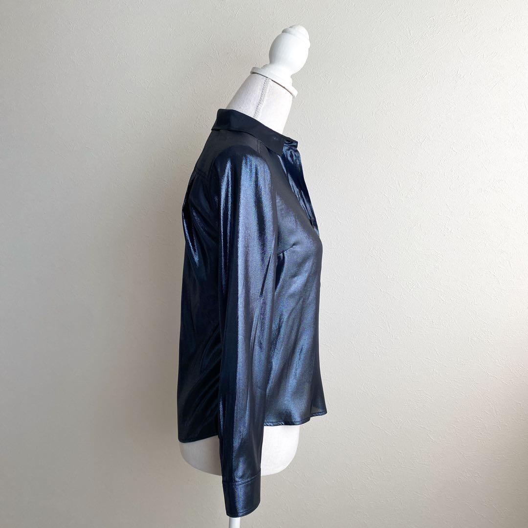 ✨GUCCI グッチ　シルク混ラメ長袖ブラウス　ネイビーグレー　イタリア製