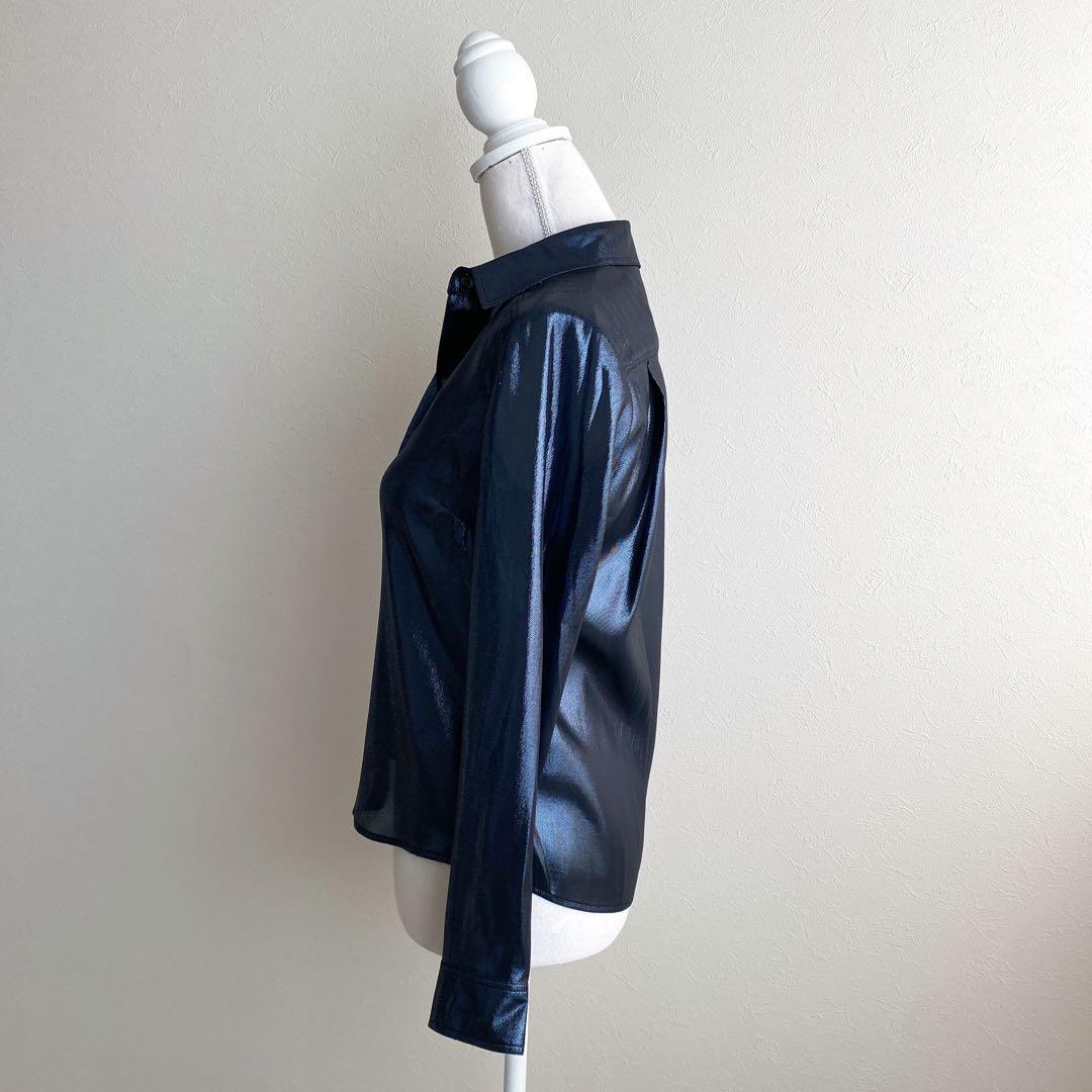 ✨GUCCI グッチ　シルク混ラメ長袖ブラウス　ネイビーグレー　イタリア製