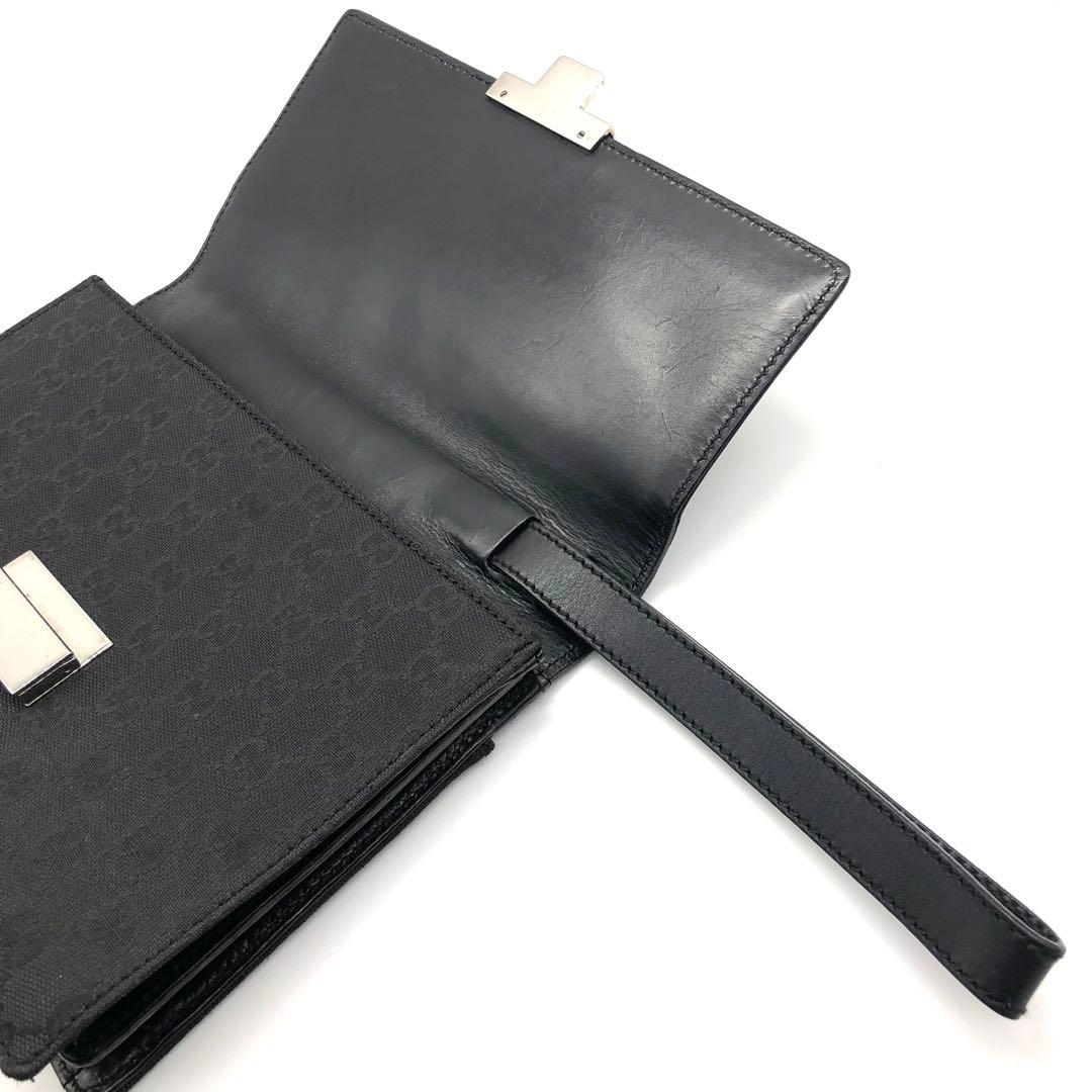 【美品】GUCCI クラッチバッグ レザー GGキャンバス 持ち手あり ブラック