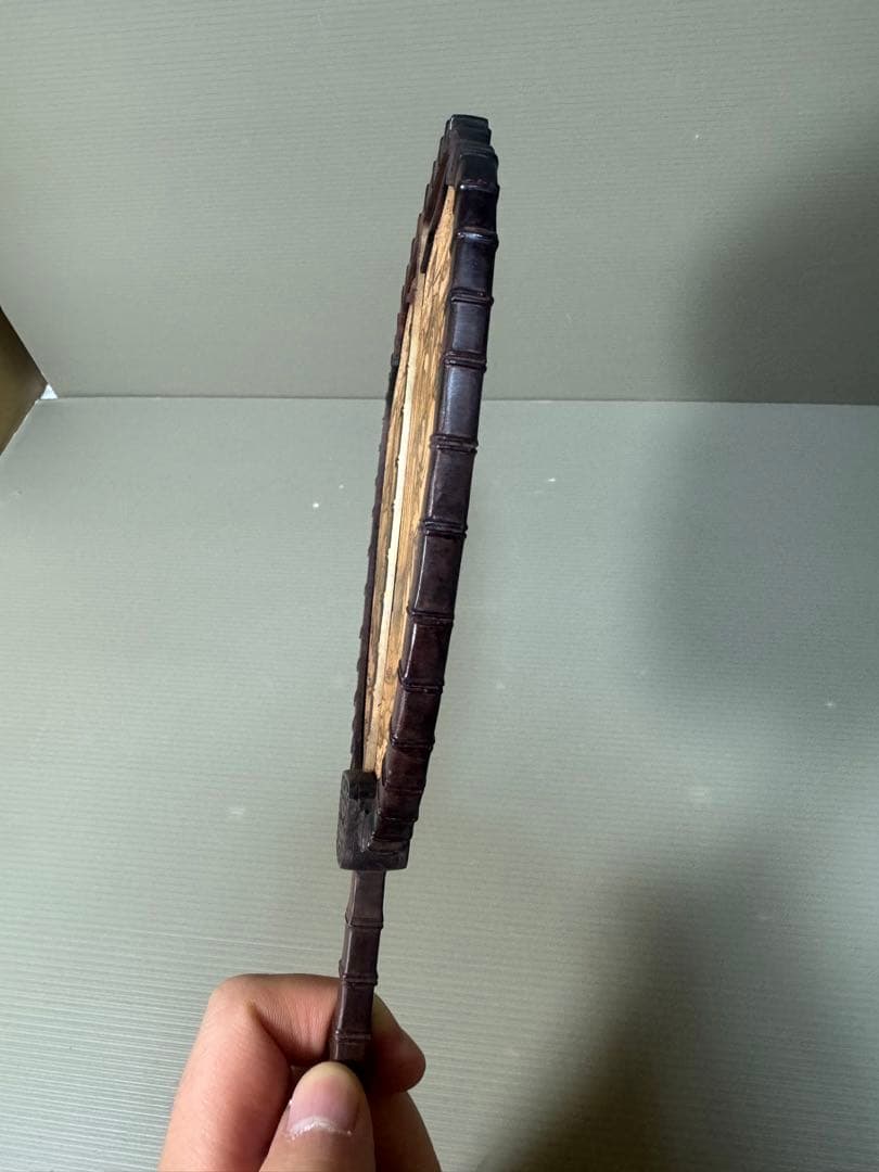 2268 中国美術 唐木造 白檀透彫刻 翡翠 軍配型硯屏 団扇　唐物　時代物