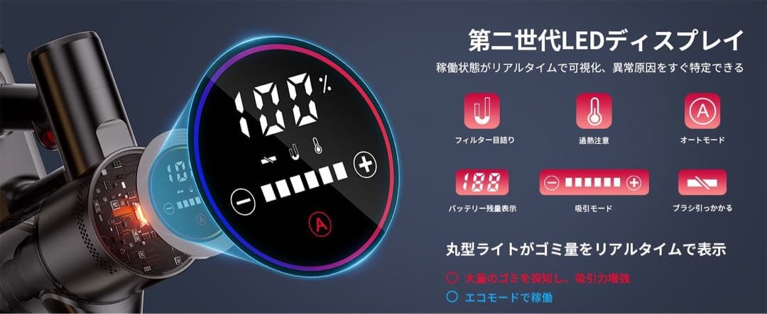 AI搭載 自走式コードレス掃除機 70Kpa強力吸引 LEDパネル搭載