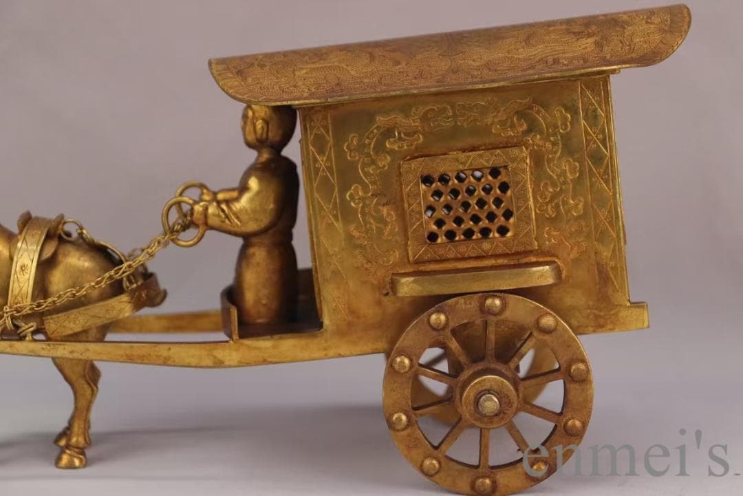 中国古美術 旧蔵 鍍金銅馬車 精銅製 彫刻置物 装飾 文房置物 純手作り 重器