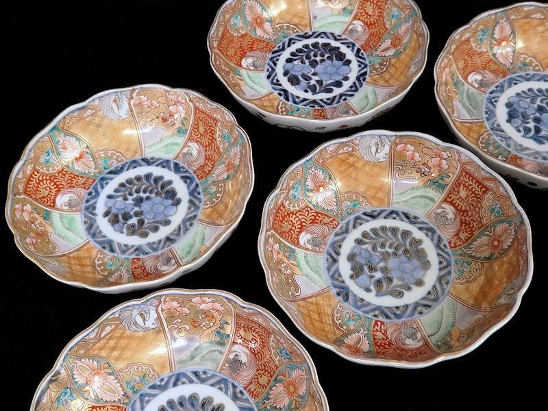 古伊万里　金襴手　松竹梅に鶴亀の図　膾皿　５客　D942AS-BNu