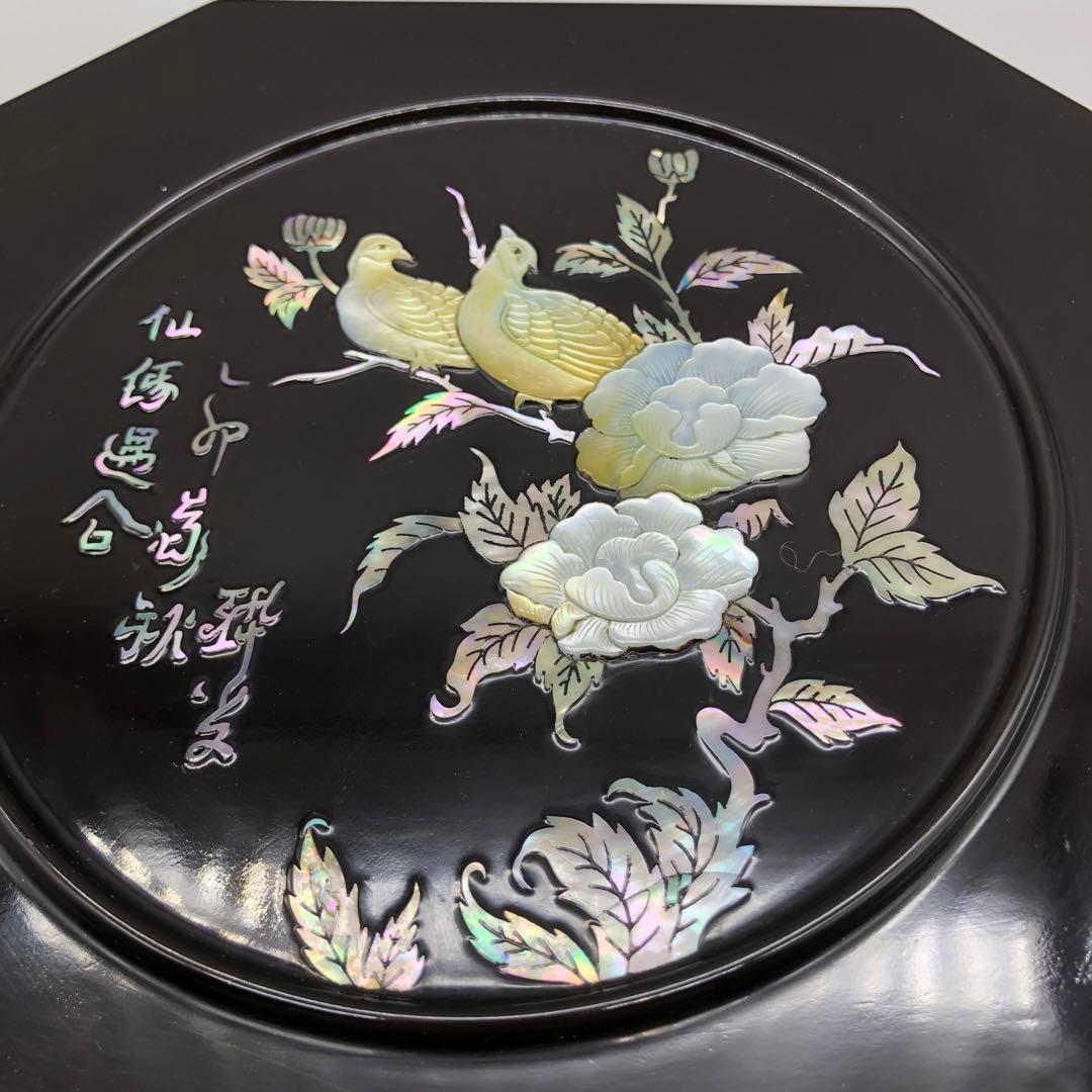 螺鈿細工らでんざいく鳥お花貝殻装飾八角形黒漆器重箱菓子箱23cm伝統工芸品