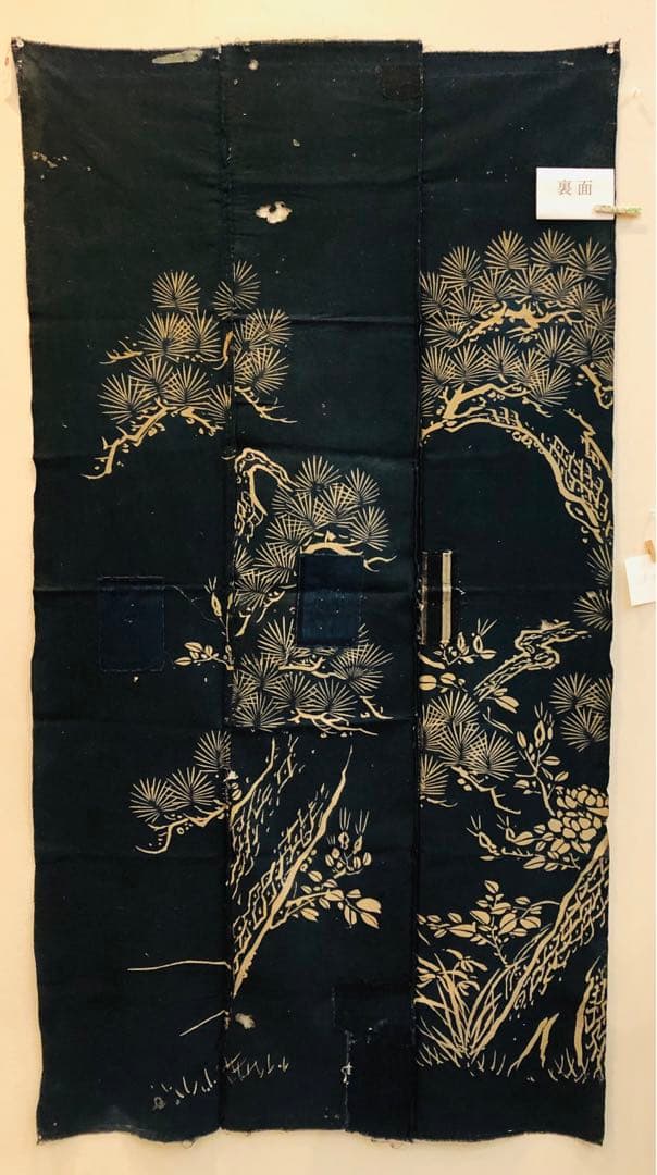 藍染筒描き三巾加賀のれん時代物木綿古布　ソ-229