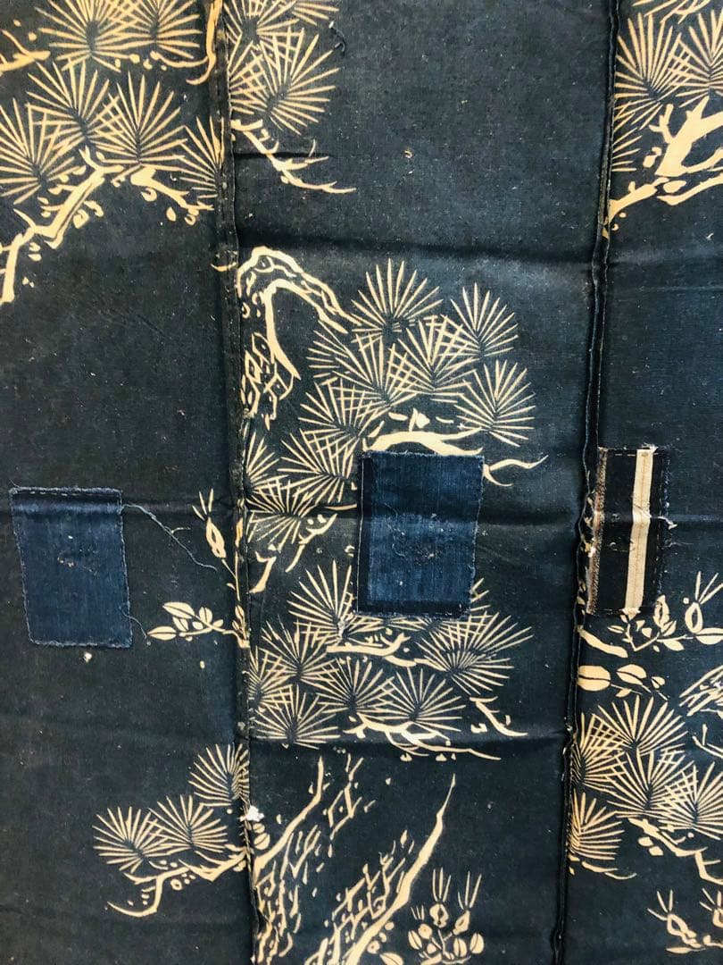 藍染筒描き三巾加賀のれん時代物木綿古布　ソ-229