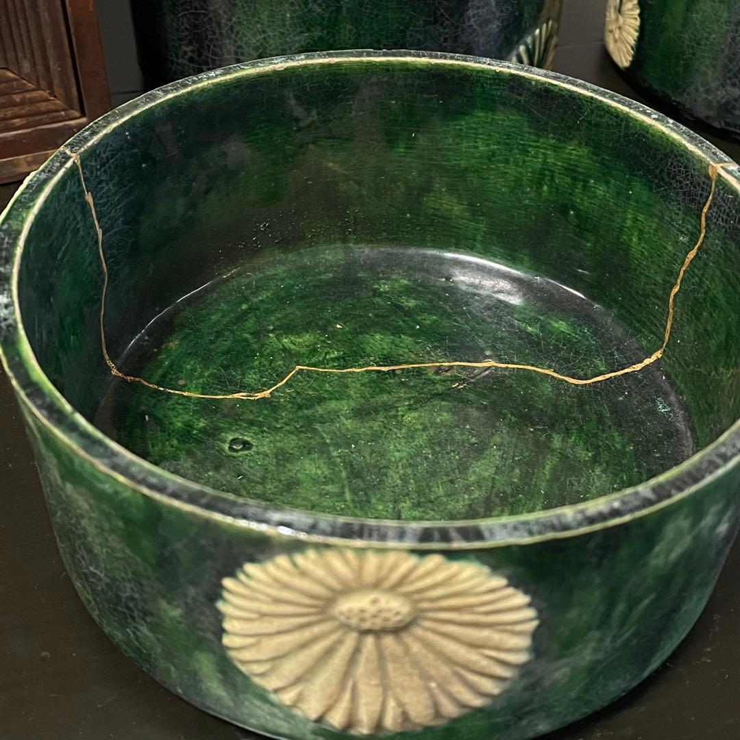 陶器　三段重　アンティーク　骨董品　貫入　金継ぎ　焼物　蓋物