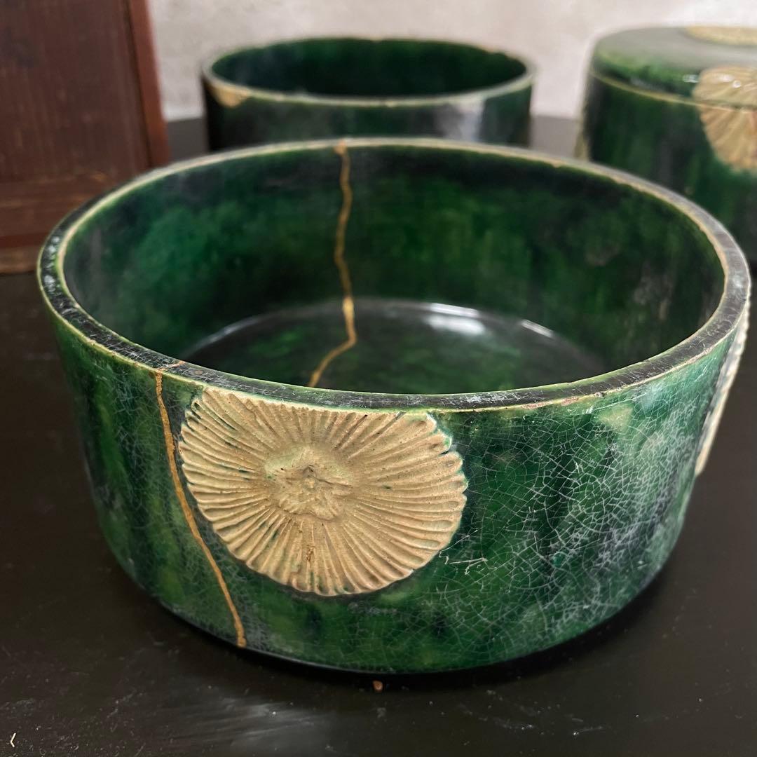 陶器　三段重　アンティーク　骨董品　貫入　金継ぎ　焼物　蓋物