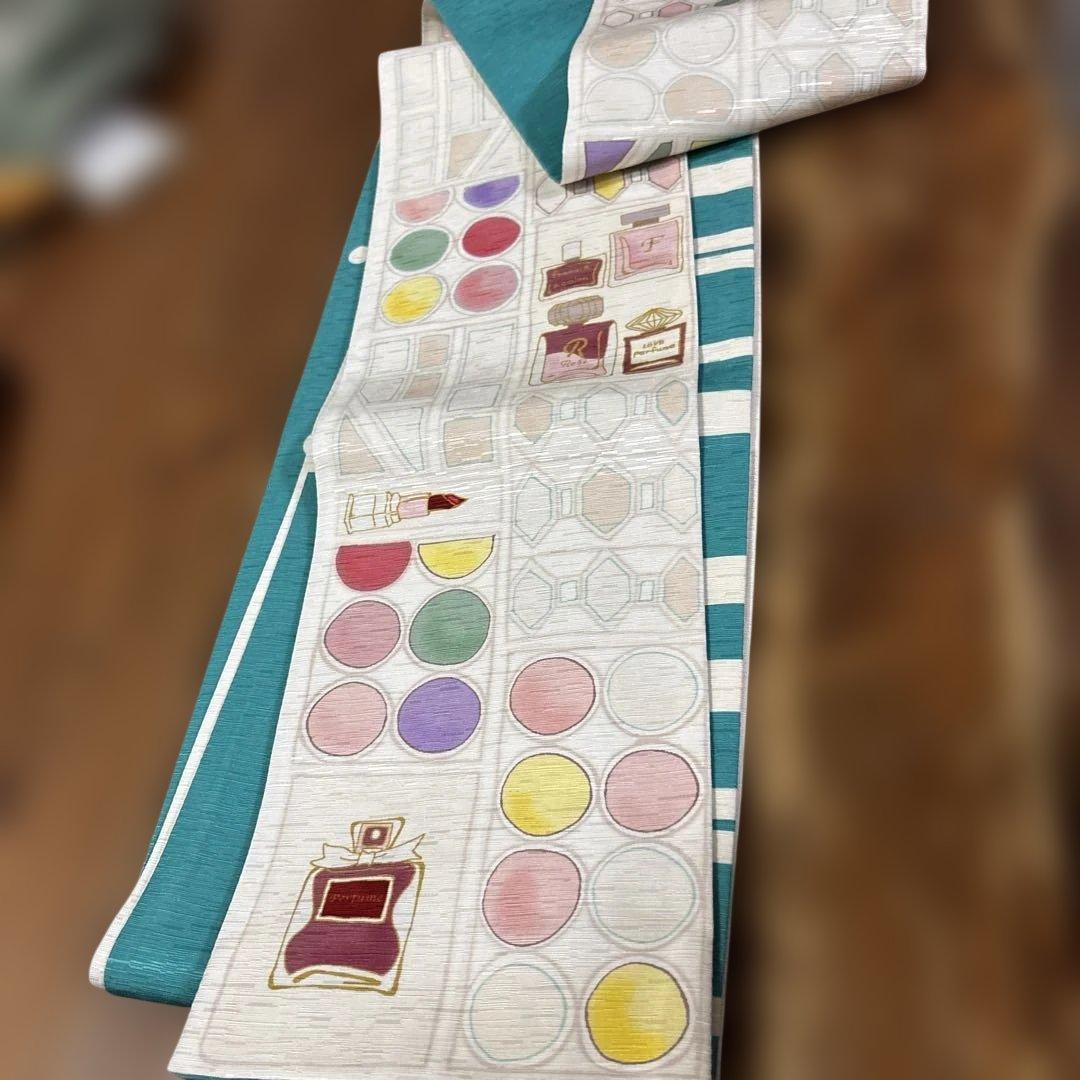 青白ストライプ女性顔半幅帯　絹　wakka