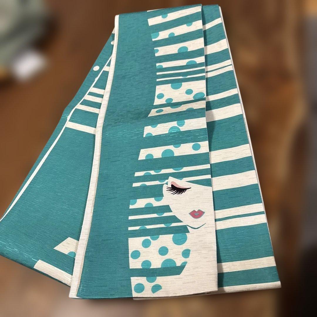 青白ストライプ女性顔半幅帯　絹　wakka