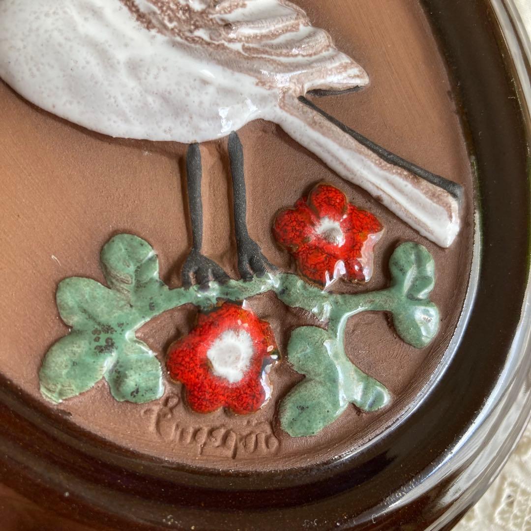 北欧ヴィンテージ雑貨　GABRIEL陶板　希少オーバル　小鳥（ハクセキレイ）