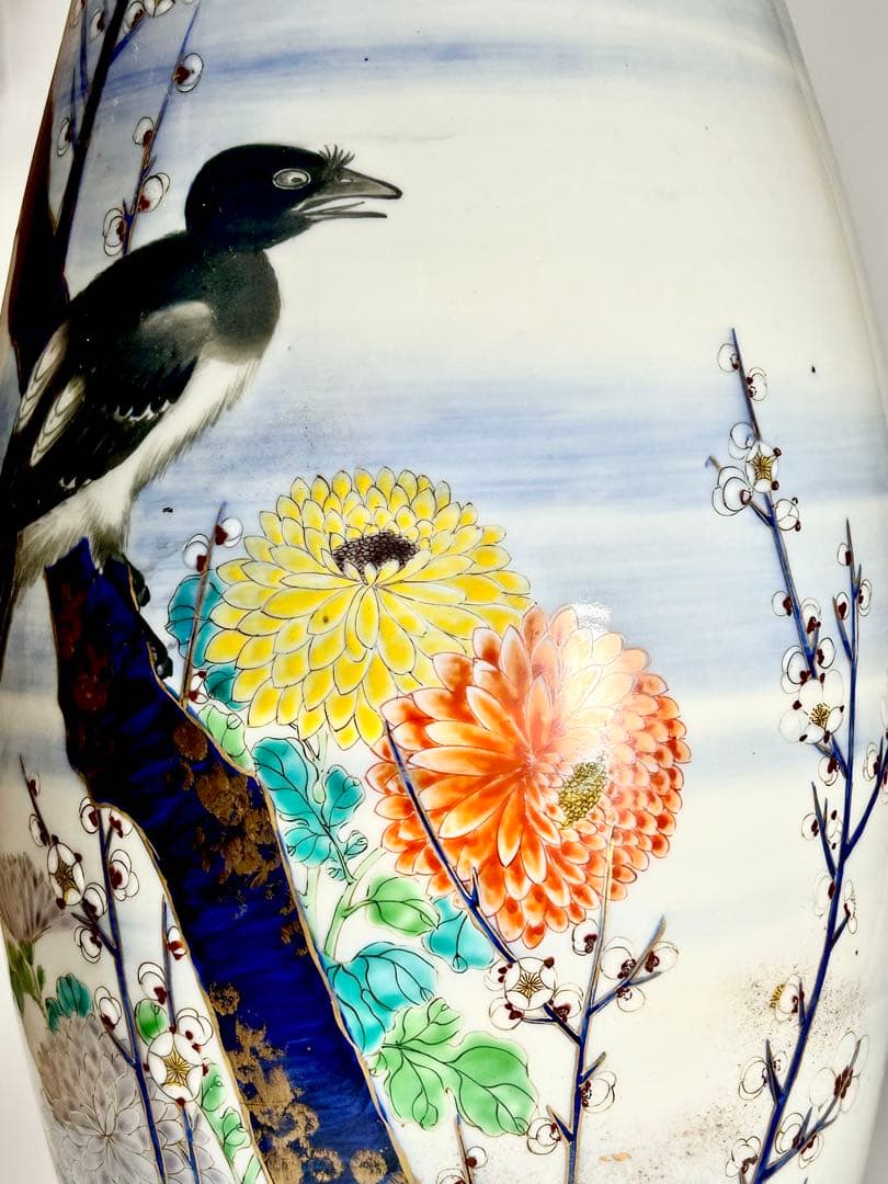 香蘭社 明治初期 釉下彩上絵花鳥図大花瓶 有田 伊万里
