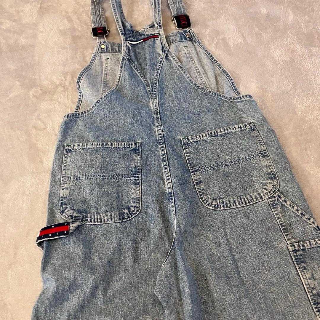 90sトミージーンズ　カナダ製オーバーオール肩紐切り替えデザイントリコロール刺繍