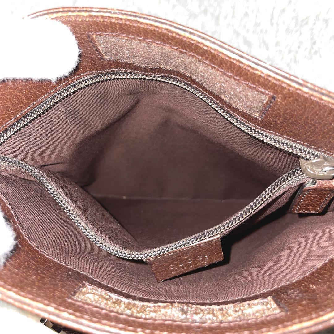 【美品】GUCCI グッチ　ショルダーバッグ　キャンバス　レザー　斜め掛け　茶