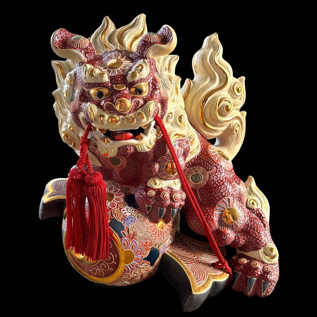 大特価【縁起物】唐獅子　小槌　九谷焼　商売繁盛　置き物　赤　白　金