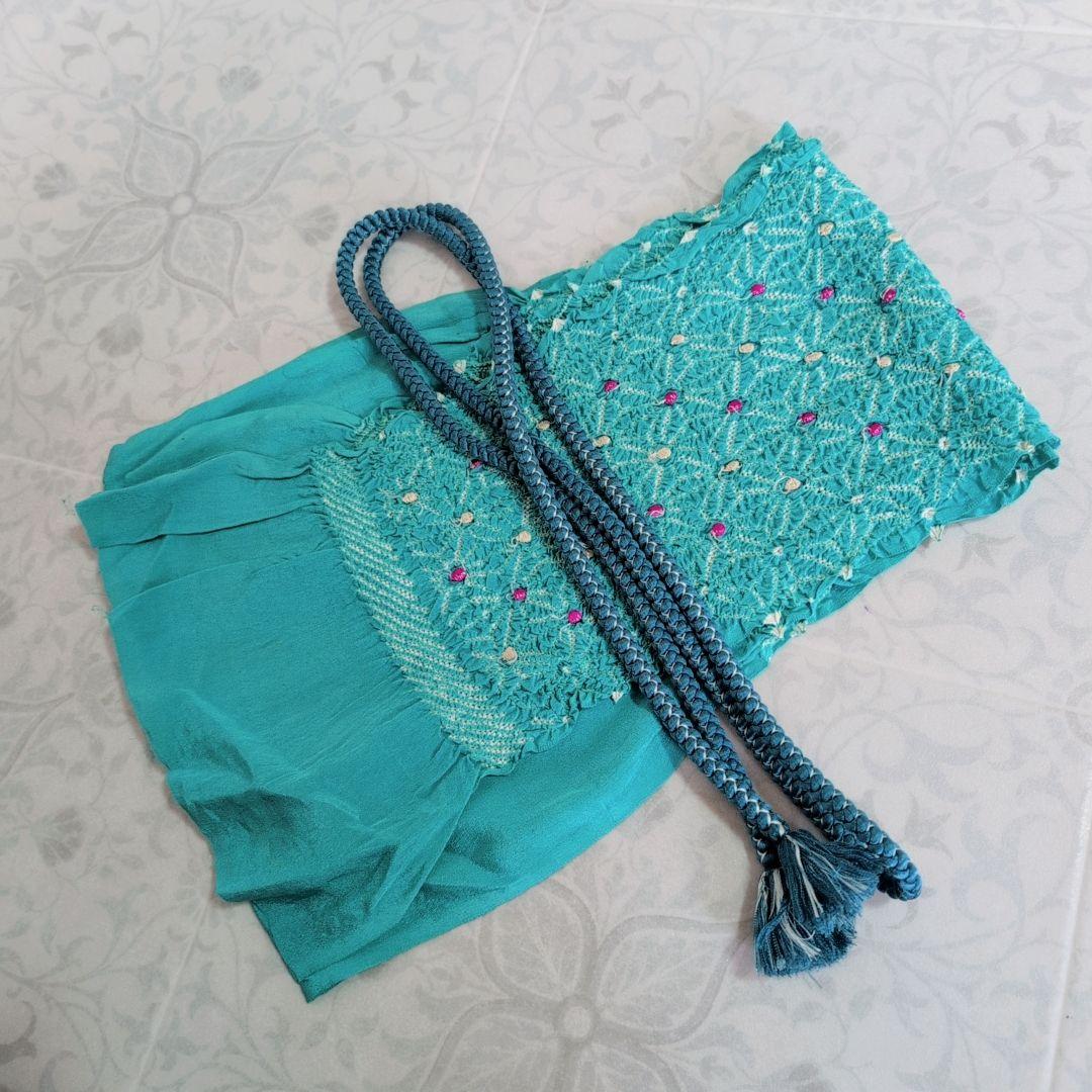 小紋　フルセット　着物　青緑　桜　着物美品　F5