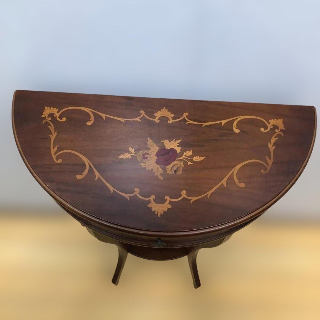 送料無料 クラシック調 半円コンソールテーブル 象嵌風 引き出し付 251127