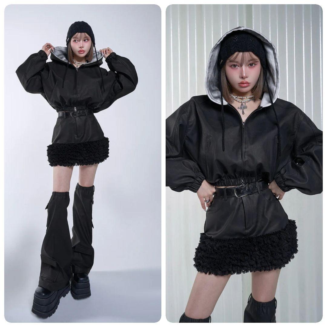 Darich ダーリッチ スウェットフーディーレザージャケット BLK 黒