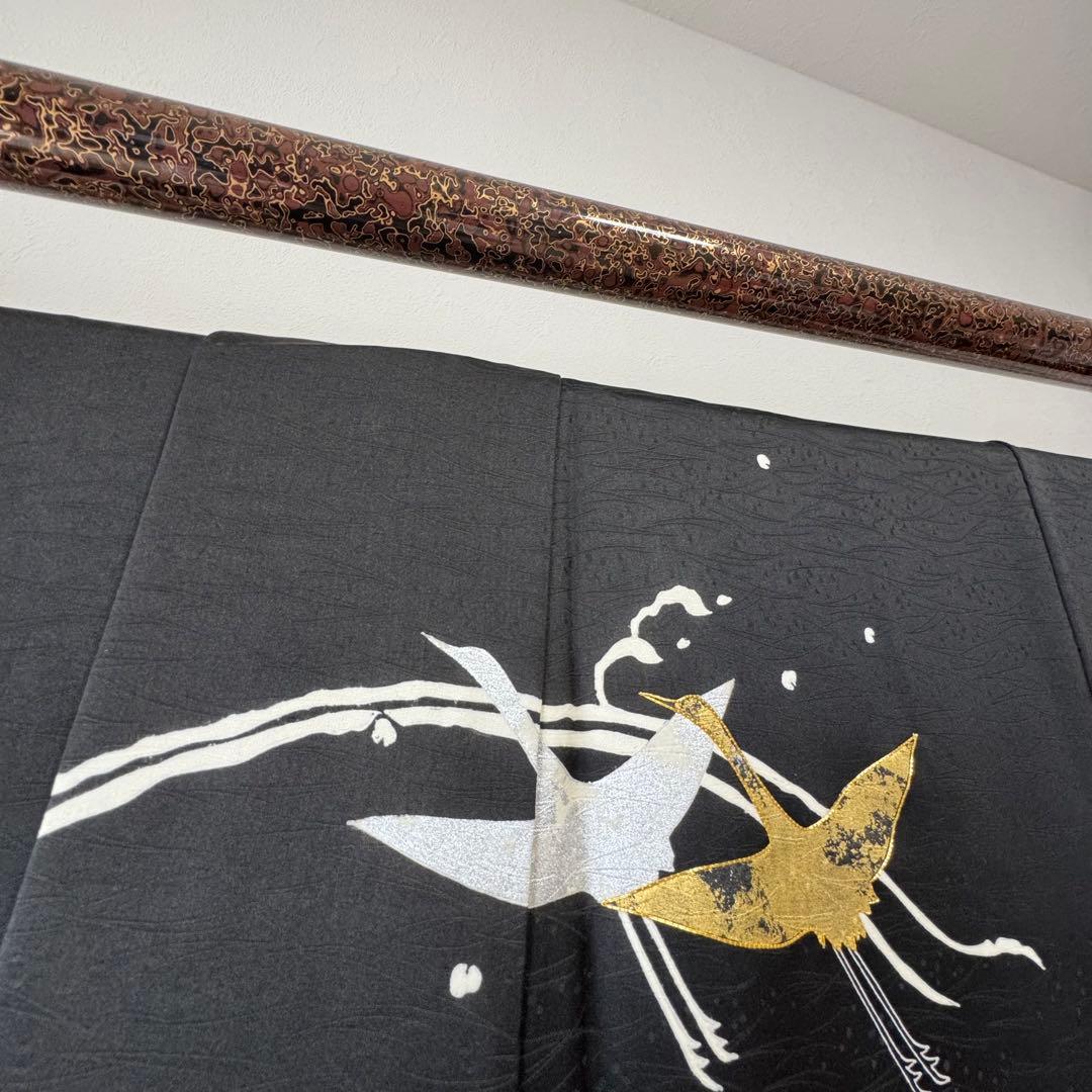 超美品　訪問着　袷　正絹　着物　黒　刺繍　金　銀　161裄63 現代　鶴