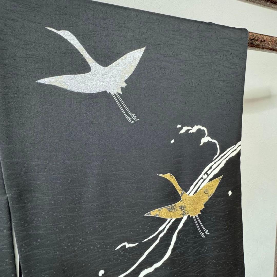 超美品　訪問着　袷　正絹　着物　黒　刺繍　金　銀　161裄63 現代　鶴