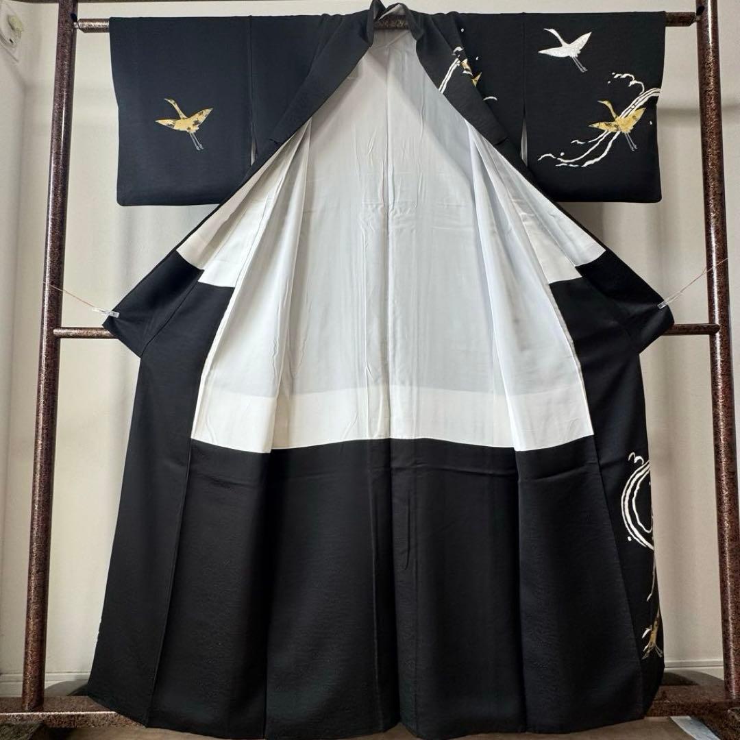 超美品　訪問着　袷　正絹　着物　黒　刺繍　金　銀　161裄63 現代　鶴