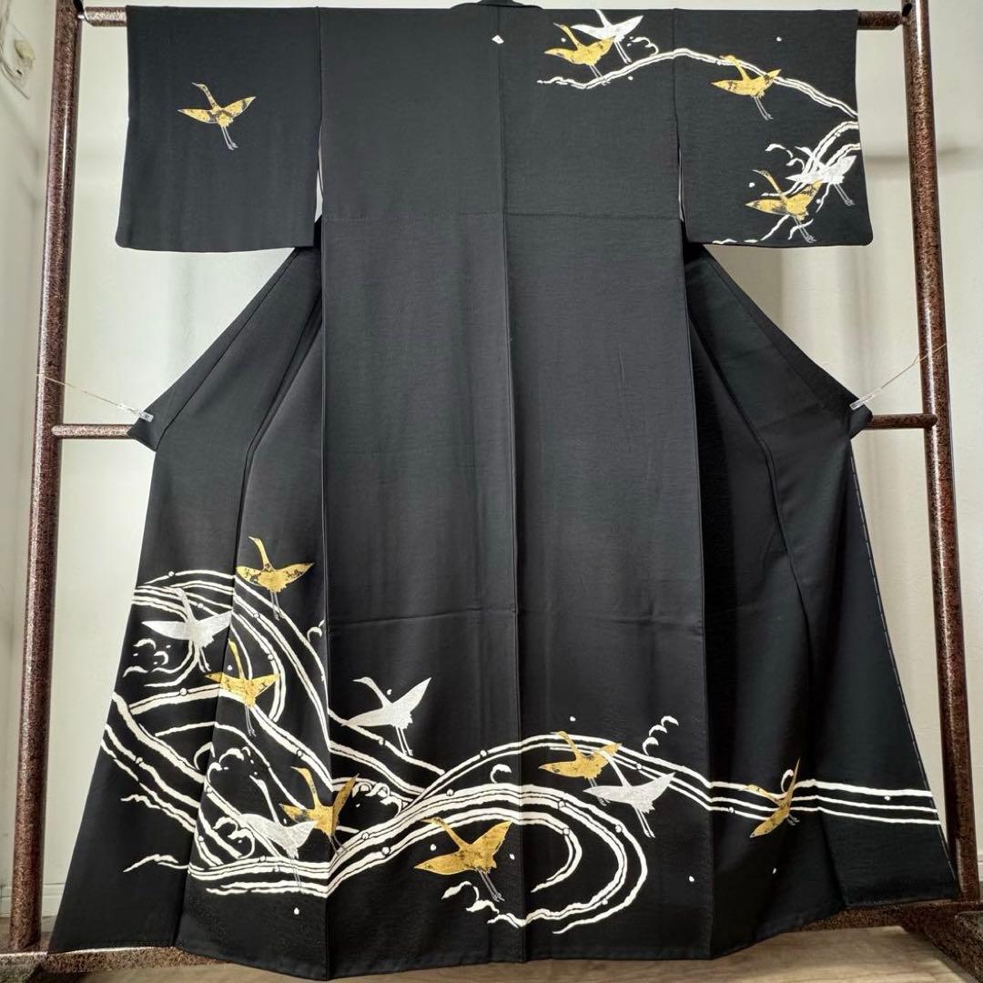 超美品　訪問着　袷　正絹　着物　黒　刺繍　金　銀　161裄63 現代　鶴