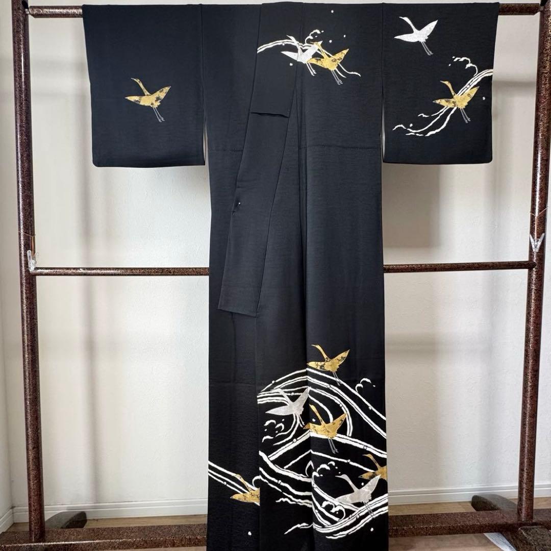 超美品　訪問着　袷　正絹　着物　黒　刺繍　金　銀　161裄63 現代　鶴