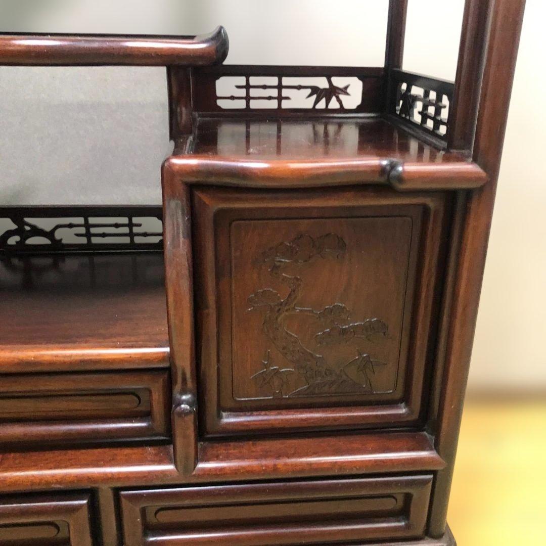 中国家具 唐木 飾り棚 茶棚 木製 彫刻 透かし彫り 収納棚 260126-3