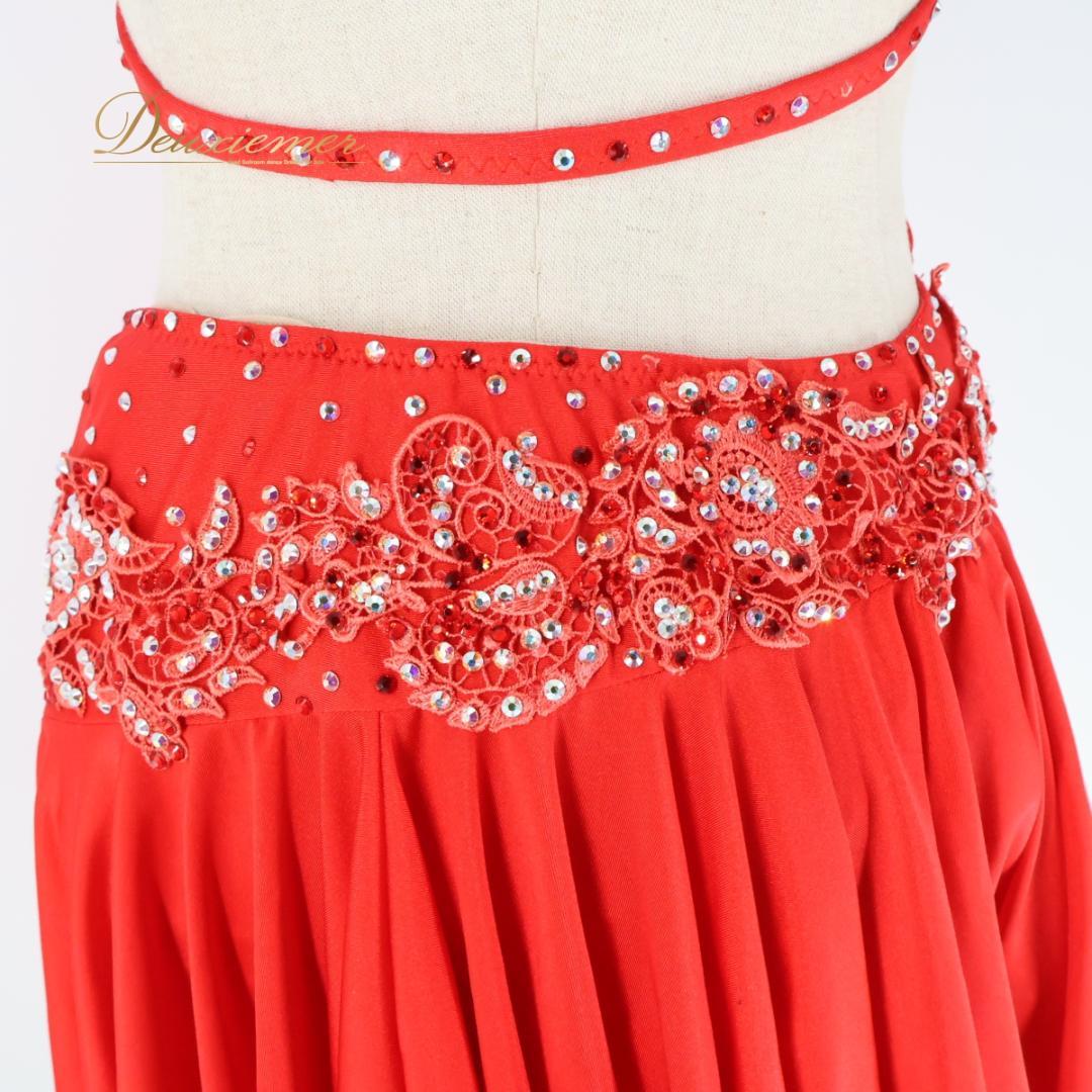 【社交ダンス衣装】レッド ラテン ワンピース ドレス 赤 フリル デモ 競技用