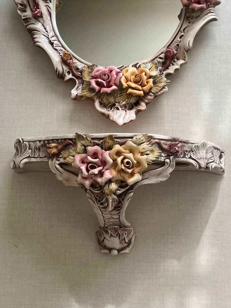 イタリア製 アンティーク ロココ調 壁掛け鏡　コンソール　カポディモンテ ２点