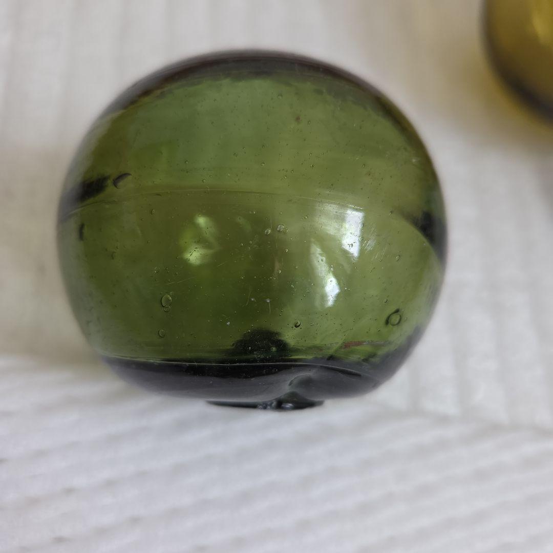 ガラス浮き玉 緑 黄茶色 ☆缶 青ボタン