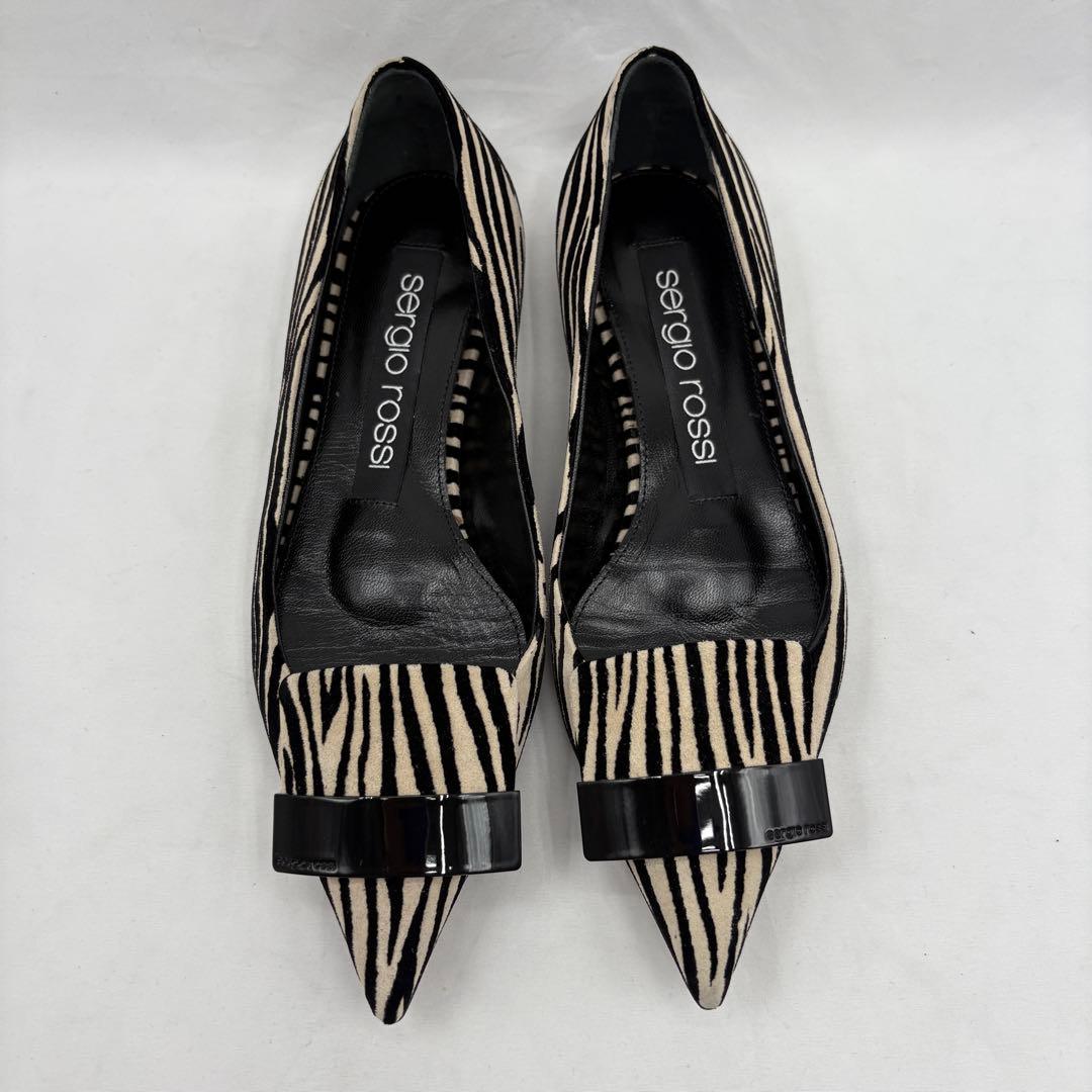 【美品】セルジオロッシ sr1 ゼブラ プレート フラットシューズ 総柄 金具