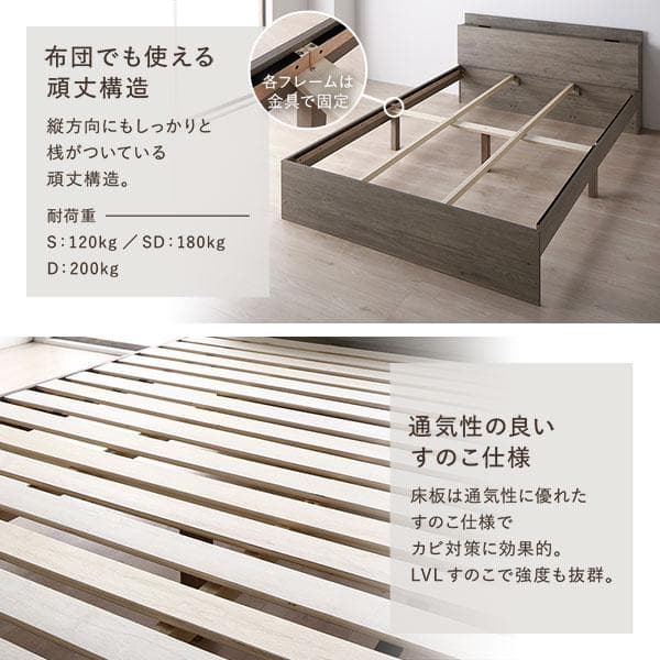ベッド セミダブル ベッドフレームのみ ストーングレー 高さ調整可 宮付 すのこ