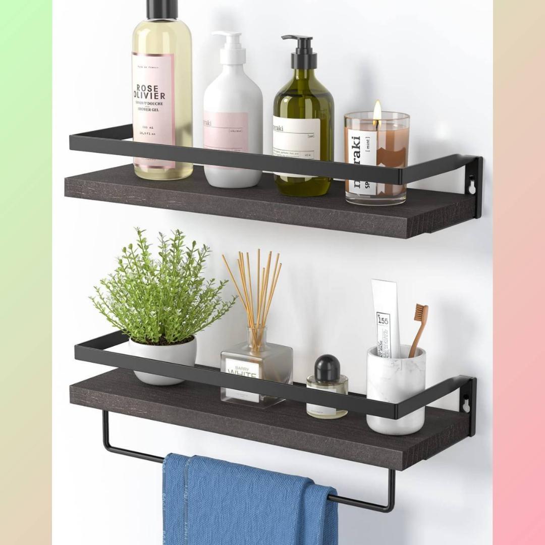 シンプルだけど機能的 ウォールシェルフ 2個セット タオル掛け