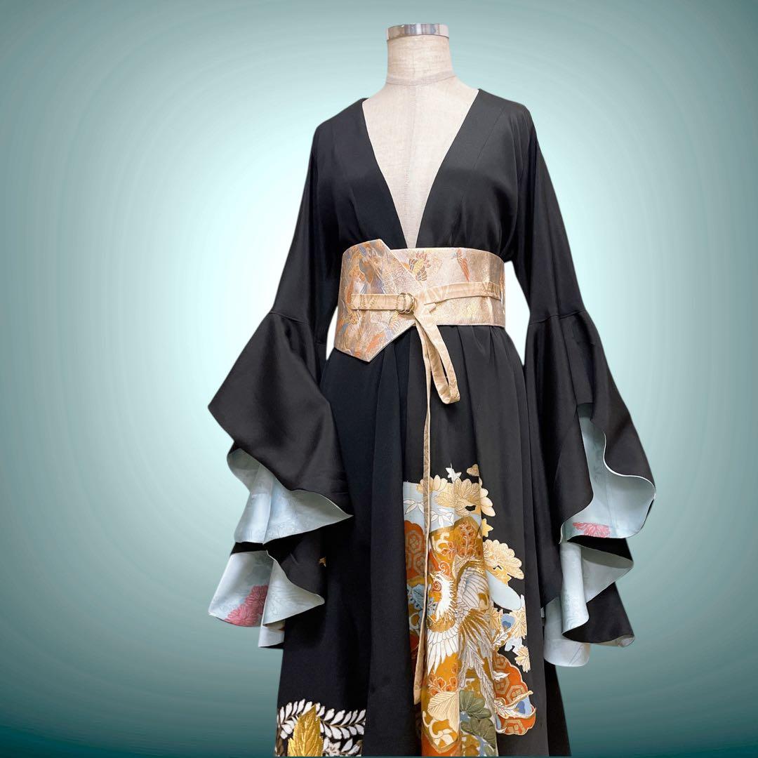 留袖着物ガウン ドレスガウン 羽織 着物リメイク 和装 黒 B80119