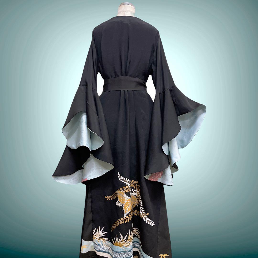 留袖着物ガウン ドレスガウン 羽織 着物リメイク 和装 黒 B80119