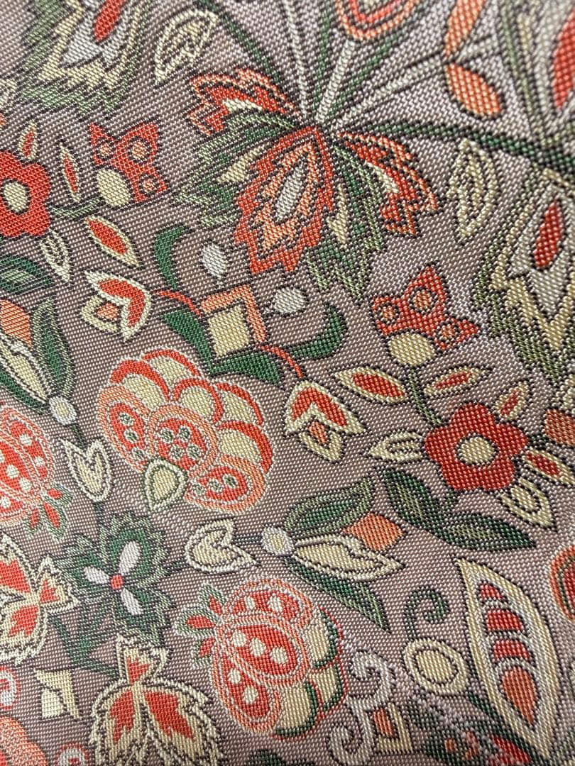 高級 袋帯 正絹 六通柄 更紗花文 オレンジ 洒落帯 シャレ帯 小紋 訪問着