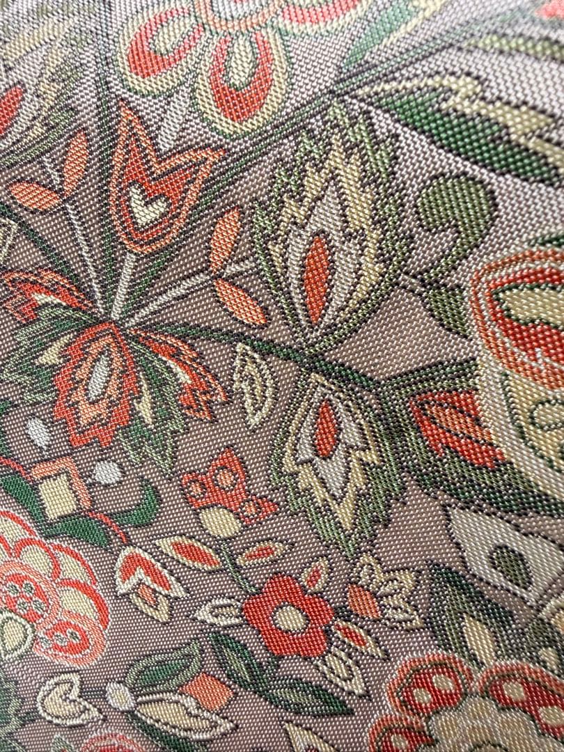 高級 袋帯 正絹 六通柄 更紗花文 オレンジ 洒落帯 シャレ帯 小紋 訪問着