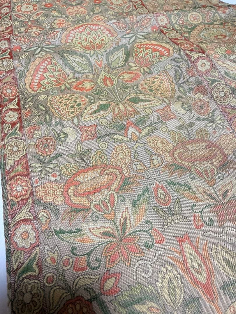 高級 袋帯 正絹 六通柄 更紗花文 オレンジ 洒落帯 シャレ帯 小紋 訪問着