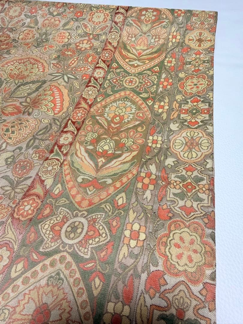 高級 袋帯 正絹 六通柄 更紗花文 オレンジ 洒落帯 シャレ帯 小紋 訪問着