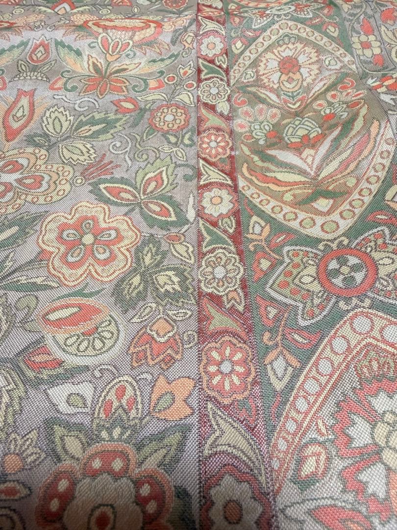 高級 袋帯 正絹 六通柄 更紗花文 オレンジ 洒落帯 シャレ帯 小紋 訪問着