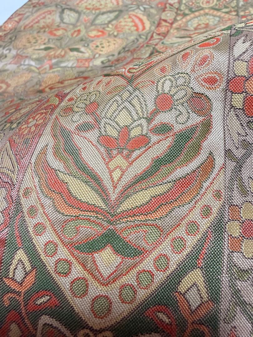 高級 袋帯 正絹 六通柄 更紗花文 オレンジ 洒落帯 シャレ帯 小紋 訪問着