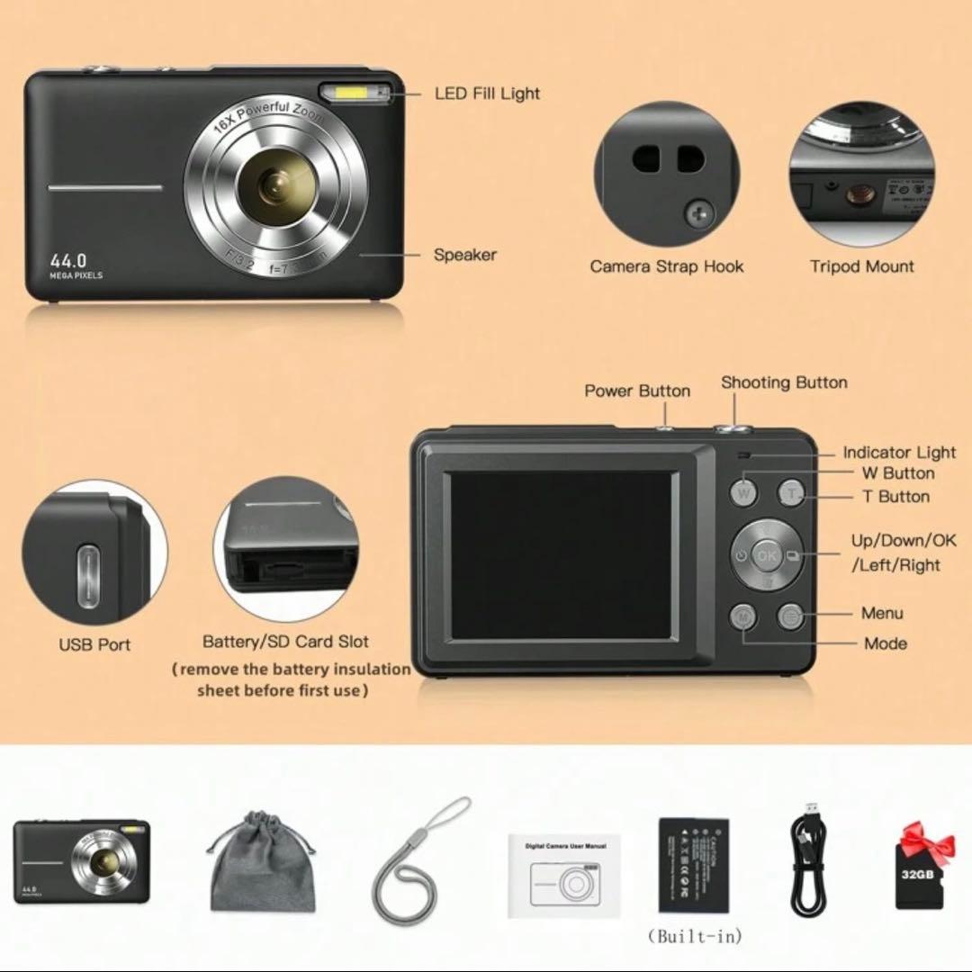 【新品】　黒4400MP FHD 1080P コンパクトデジタルカメラ❣️付属品有