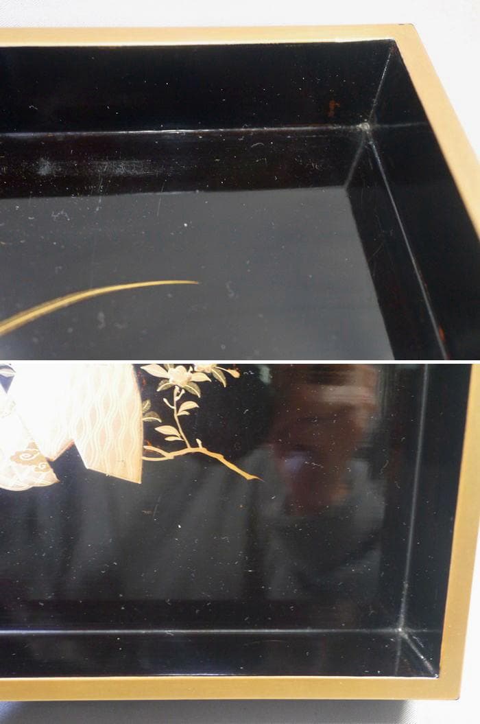 美しい立雛ノ図と兜ノ図　木製金蒔絵　四方盆の大　27.3cm　桃の節句端午の節句