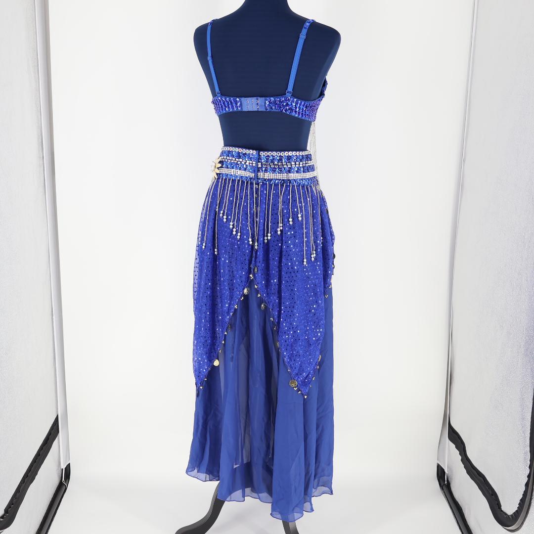 【ベリーダンス用 オリエンタル衣装】ブルー ラメ多数付き パープル 花 青 紫