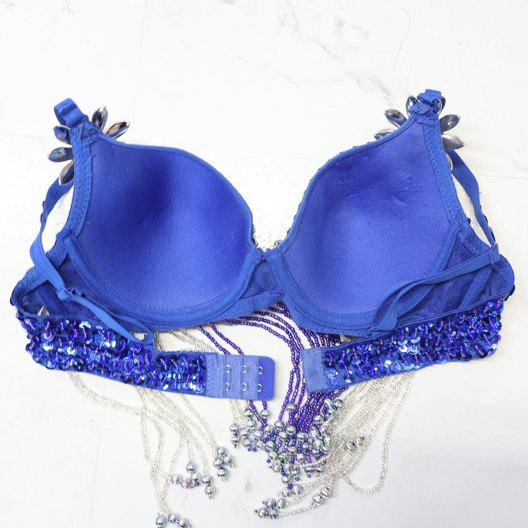 【ベリーダンス用 オリエンタル衣装】ブルー ラメ多数付き パープル 花 青 紫