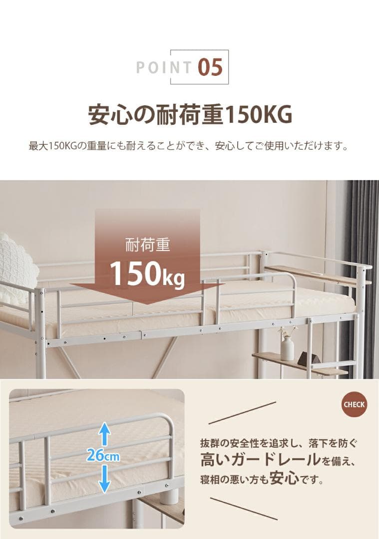 赤字価格！ロフトベッド デスク・コンセント付き 耐荷重150kg　WHITE
