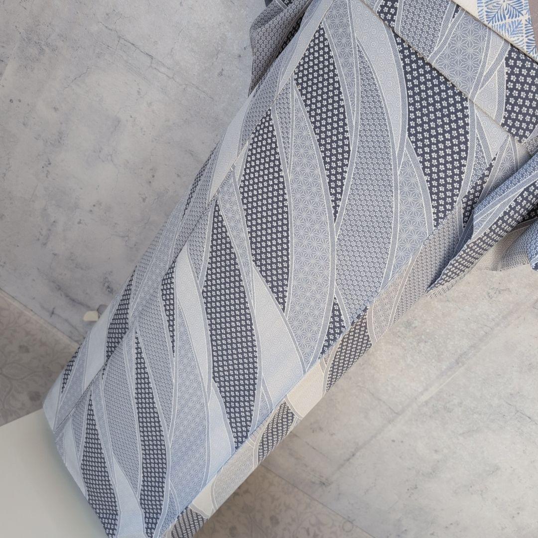 小紋　フルセット　着物　正絹　紺水色グレー　爽やか　花　麻模様　F7