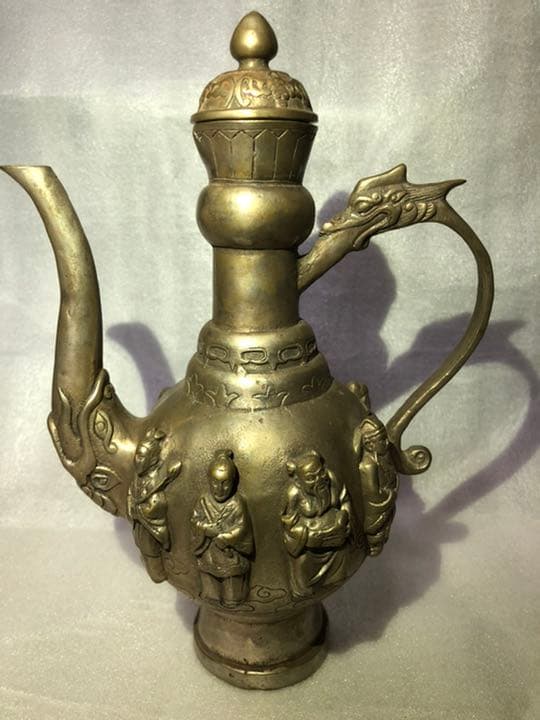 骨董品　古代酒器 酒壺　八仙人紋銀細工　在銘